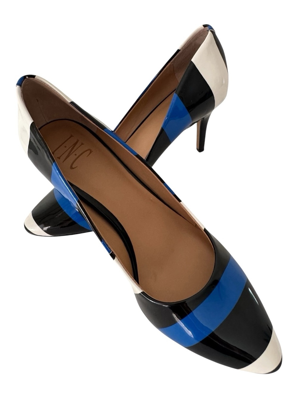 INC International Concepts Zitah Blue Black and White Patent Pointed-Toe Pumps